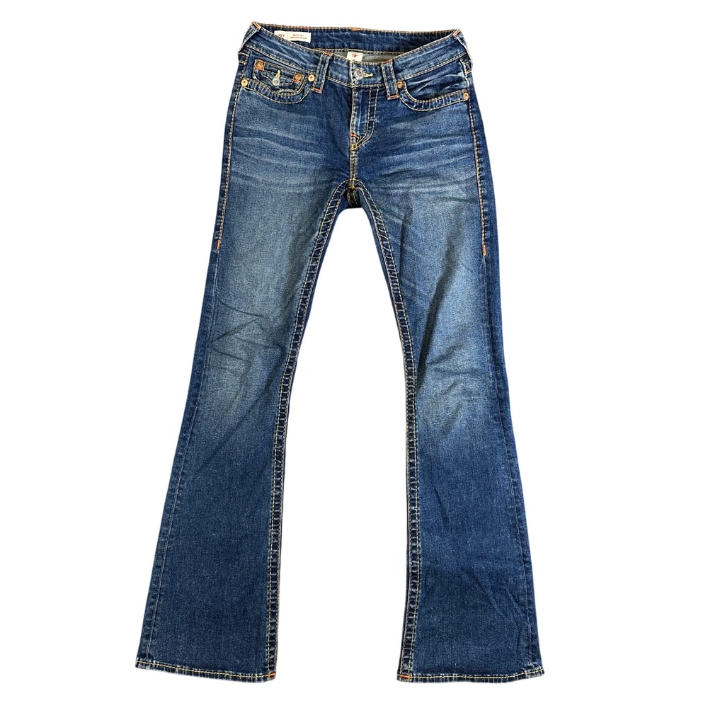 True Religion Joey Mid Rise Flare Jeans Blue Horseshoe Stitch Denim Size 27